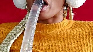 Hey, why not watch this naughty Brazilian ebony housewife swallow that dildo deep in her hairy pussy?