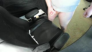 Redhead amateur explodes huge cum load on bedroom chair