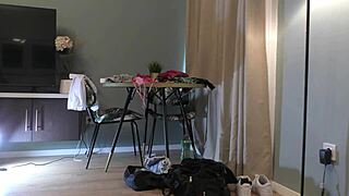 Sexy cute college girl changes clothes for casting interview, showing panties and ass in dress.