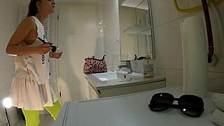 Hot Brunette College Girl With Mini Tennis Skirt And Over Knee Socks In Bathroom Shows Panties Under Short Skirt And Goes Also No Panties