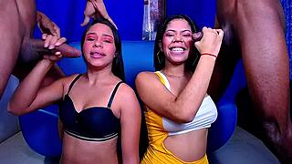 two street whores give sloppy blowjobs to monster cock with teasing.