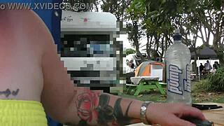 oh my god, this trashy kiwi milf puts on a blatant public display at the holiday park!