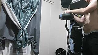 Bodybuilder with small cock bent over for homemade workout