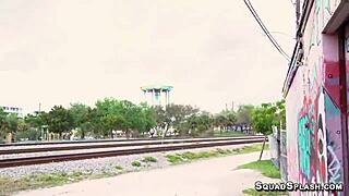 In public, the hairy brunette riley jean bends over and takes a huge dick doggystyle, getting a facial