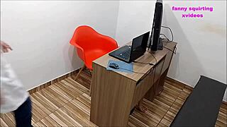 Bound cleaning lady's dirty talk blowjob in office