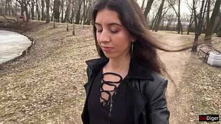 Girl in boots gets facial cumshot outdoors