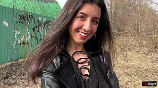 Girl in boots gets facial cumshot outdoors