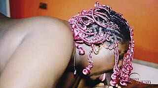 ebony black girlfriend sucking and stroking a black cock