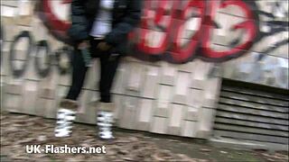 Belinda boldly flashes in public while the brunette wildly masturbates outdoors with naughty thrills