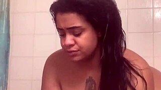 fresh face and bare ass fucks herself with dildo in the shower, horny and sucking