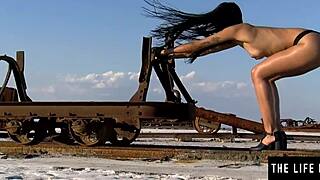 Perfect hispanic teen masturbates hard with fingers in desert reaching wild orgasm