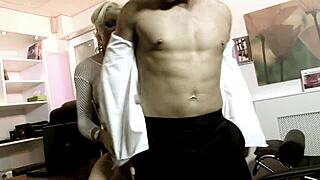 Blonde secretary fucks big boss on desk through fishnets