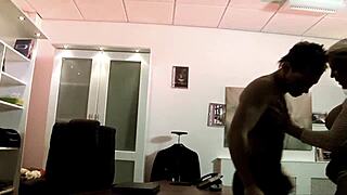 Blonde secretary fucks big boss on desk through fishnets