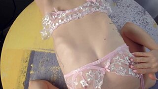 pov: petite girl with small tits begs for ass fucking on table, cum creampie