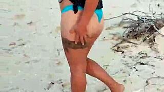 latina amateur exposes tits and ass on mexican beach in lingerie