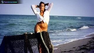 big tits brunette sensual jane fingers herself at the beach