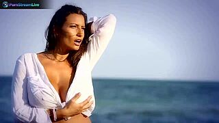 big tits brunette sensual jane fingers herself at the beach