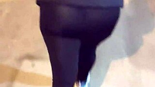 madura culona flashes big ass in see-through leggings outdoors