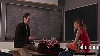 Tiny cheerleader fucks teacher on desk in classroom!
