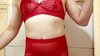 This sexy crossdresser in lingerie shows his little dick and teases his ass