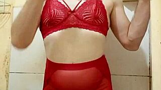 This sexy crossdresser in lingerie shows his little dick and teases his ass