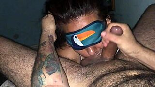 Blindfolded cock sucking slut endures deepthroat humiliation with big natural tits and sloppy blowjob on massive cock