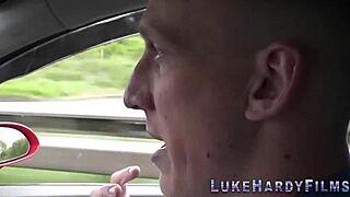 Busty tattooed British woman in glasses gives handjob and blowjob