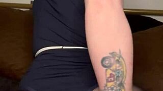 Eager FTM Fox Boy with Tattoos and Glasses Rides Cock in Close-Up Ass View, Crossdressing Transsexual Action