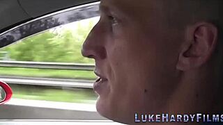 Busty tattooed British woman in glasses gives handjob and blowjob