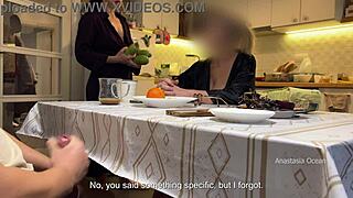 Husband jerking under table in front of step mom in kitchen