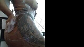 Hot latina brunette with big tits and ass teases in the shower, contrasting innocence and desire