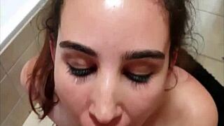 Homemade teen 18+ pisses on feet over toilet, gets footjob and cock sucked