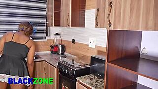 Beautiful step mother with fat ass gets fingered close up in the kitchen by young black guy