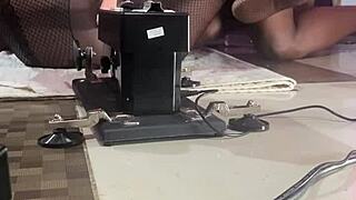 Black pussy porn star fucks sex machine with smooth operator.