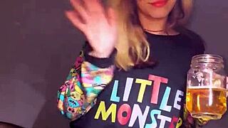 Bonneyuwu masturbates with dildo and plushie in pajamas.