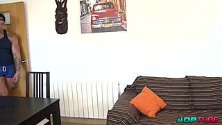 Skinny European brunette rides muscular man in cowgirl, getting her wet pussy and ass fucked