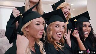 Milfs graduation party erupts into wild reverse gangbang frenzy