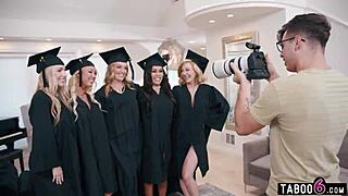 Milfs graduation party erupts into wild reverse gangbang frenzy