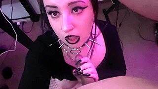 The goth slut deepthroats an older Asian cock.