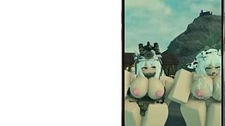 Cute Military Girl and Cute Cow Girl Dancing in Roblox World