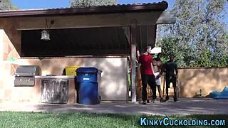 teen cuckolds outdoors in interracial 3way