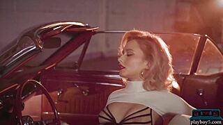 blonde milf polina performs striptease in convertible for playboy