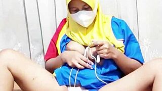 Emotional hijab girl masturbating before work