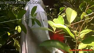 Indian college girlfriend fucks outdoor in the bush with her lover couple