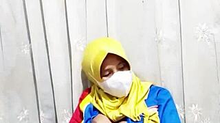 Emotional hijab girl masturbating before work