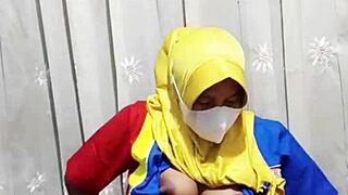Emotional hijab girl masturbating before work