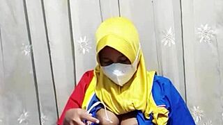 Emotional hijab girl masturbating before work