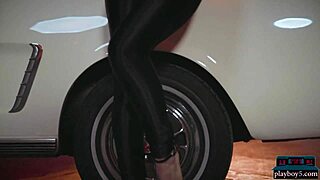 blonde milf polina performs striptease in convertible for playboy