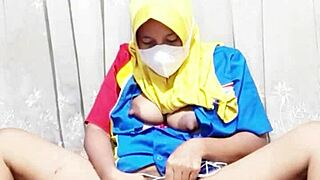 Emotional hijab girl masturbating before work