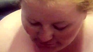 amateur bbw redhead gives blowjob, camera man joins in